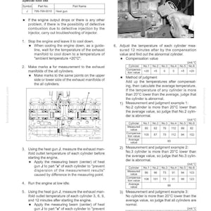 May include: A troubleshooting guide for an injector, featuring diagrams and temperature readings in Celsius. Includes instructions for measuring cylinder temperatures and identifying potential issues. Text includes "TROUBLESHOOTING OF INJECTOR".