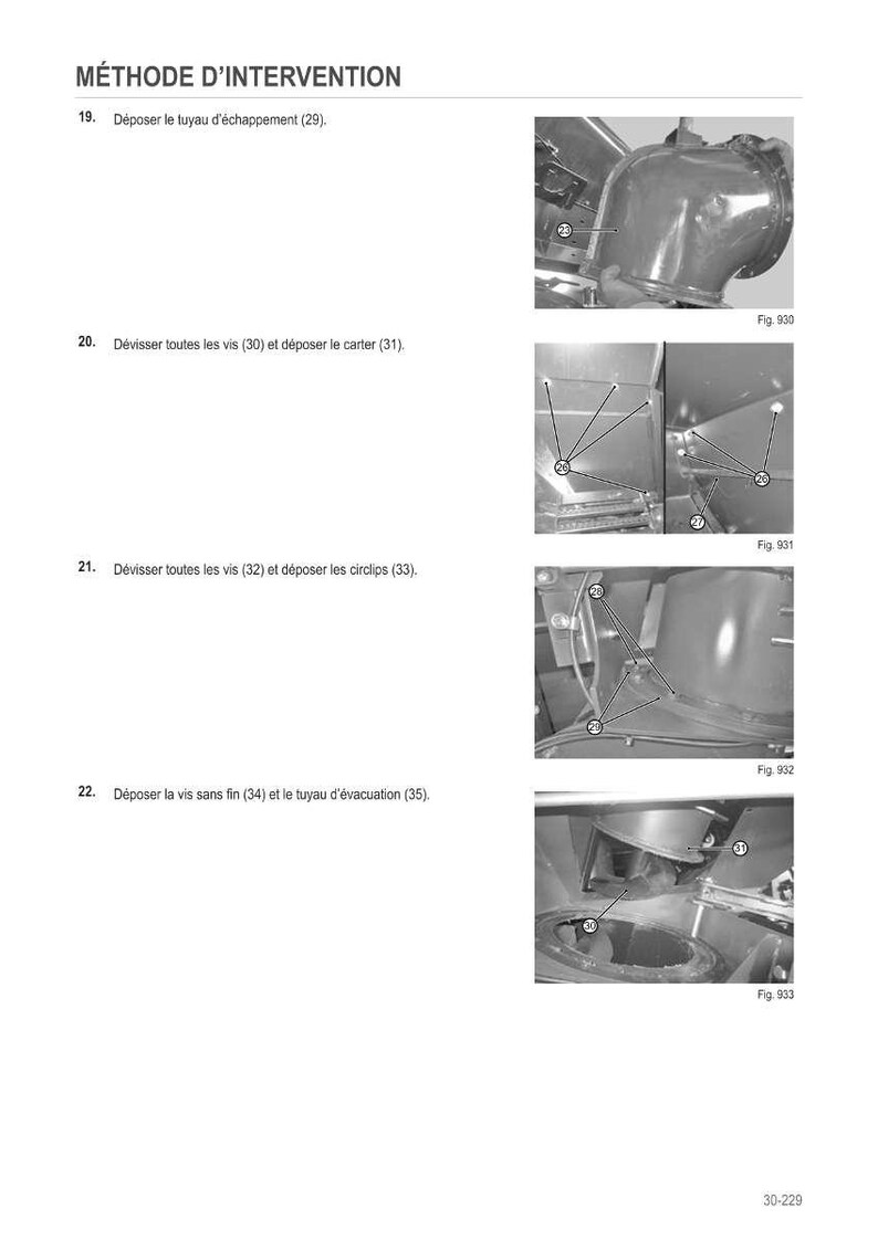 Pu&ograve; includere: Diagramma di componenti meccanici con etichette e frecce. Il testo "M&Eacute;THODE D'INTERVENTION" &egrave; in alto. Le istruzioni includono la rimozione dei tubi di scarico, lo svitamento delle viti e la rimozione delle parti. Vengono mostrate le figure 930, 931, 932 e 933.