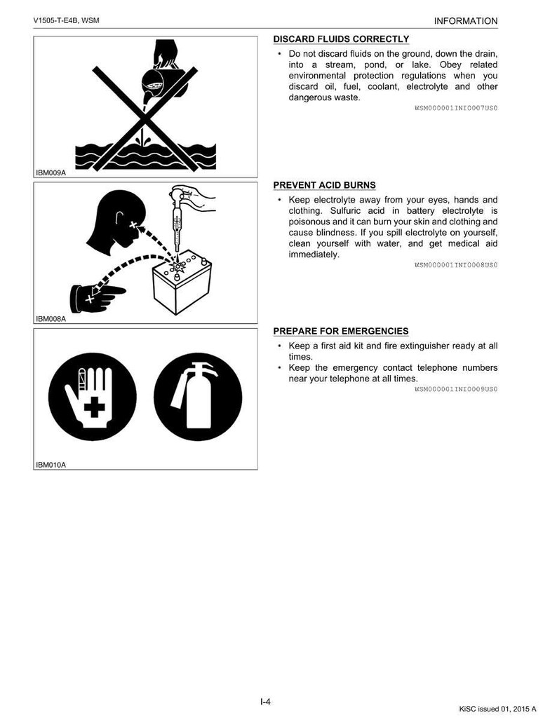 May include: An informational page with safety instructions. It includes illustrations and text about discarding fluids, preventing acid burns, and preparing for emergencies. The page also features a first aid symbol and a fire extinguisher symbol.