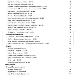 May include: A page from a manual with a detailed table of contents. The text lists various engine repair procedures, including removing and installing components like the cylinder head, fuel filter, and valves. The page also includes inspection and electrical repair sections.