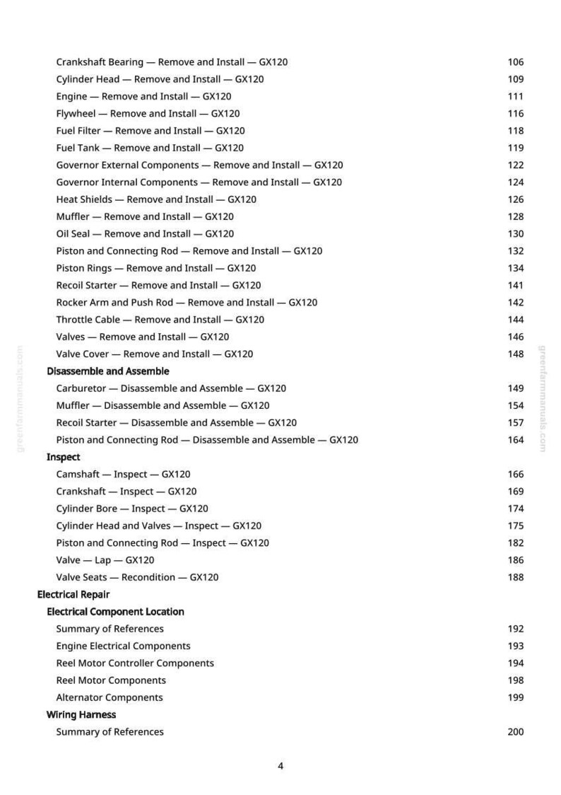 May include: A page from a manual with a detailed table of contents. The text lists various engine repair procedures, including removing and installing components like the cylinder head, fuel filter, and valves. The page also includes inspection and electrical repair sections.