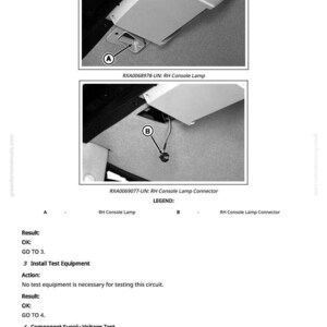 Puede incluir: Diagrama t&eacute;cnico en blanco y negro que muestra dos vistas de una l&aacute;mpara de consola y un conector. El texto incluye "RH Console Lamp" y "RH Console Lamp Connector" con instrucciones para probar el circuito.