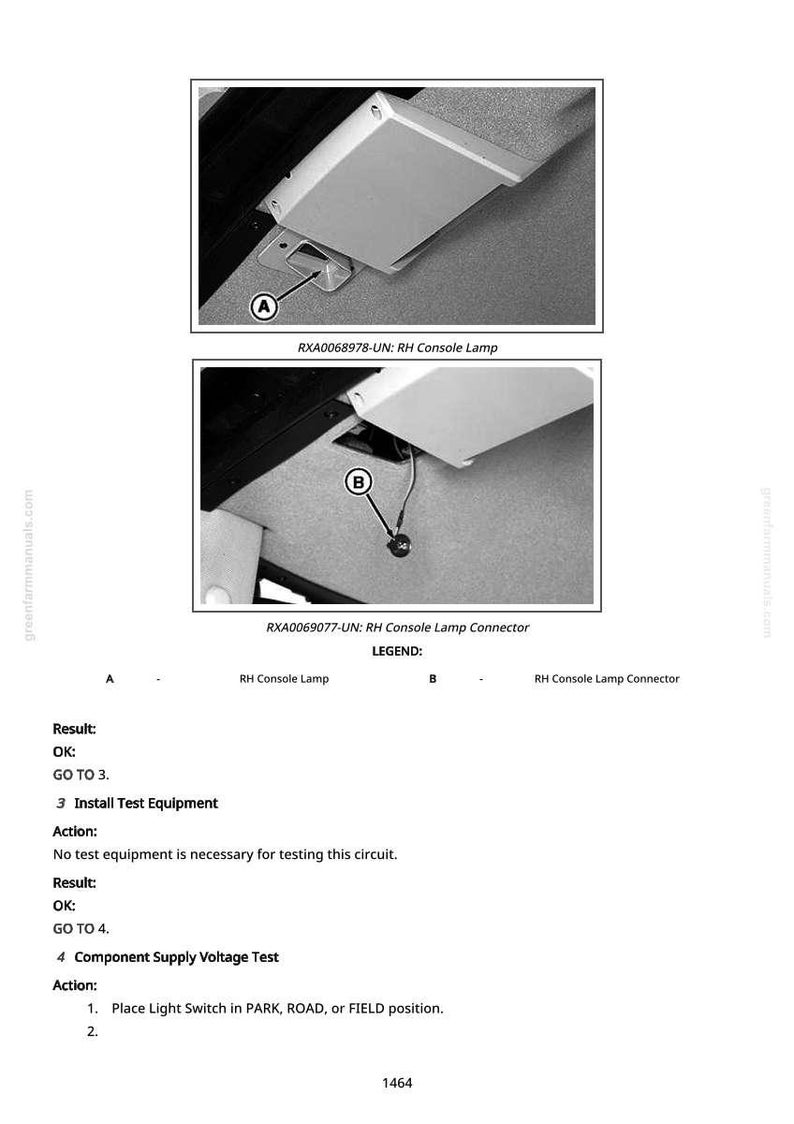 Puede incluir: Diagrama t&eacute;cnico en blanco y negro que muestra dos vistas de una l&aacute;mpara de consola y un conector. El texto incluye "RH Console Lamp" y "RH Console Lamp Connector" con instrucciones para probar el circuito.