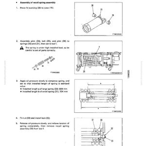 May include: Diagram of hydraulic assist and recoil spring assembly. The image includes detailed illustrations of components such as bushings, springs, bolts, and nuts. Measurements are provided for spring lengths: 889 mm and 704 mm.