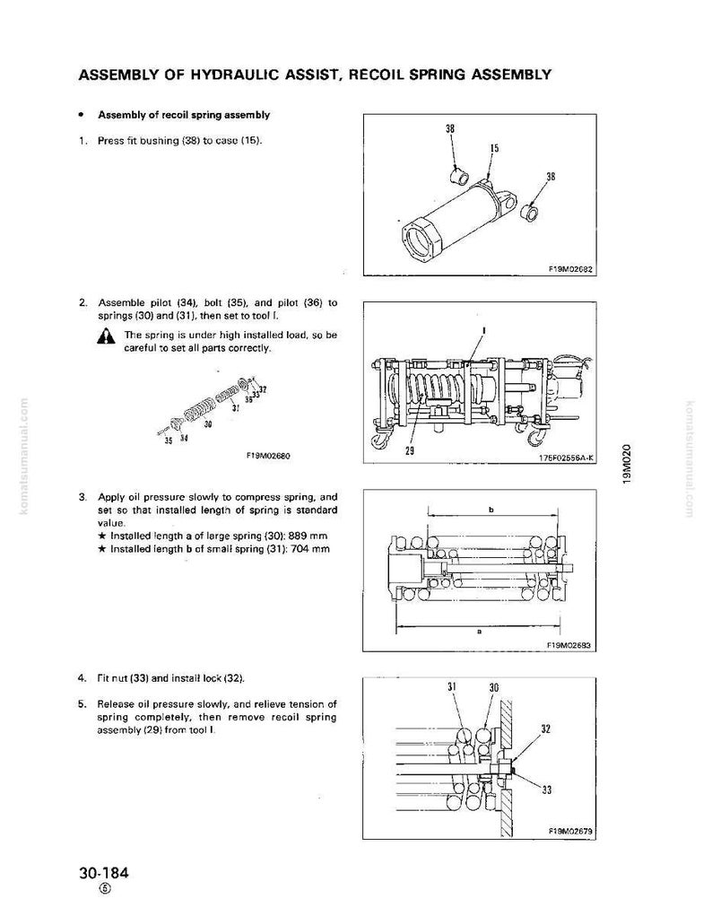 May include: Diagram of hydraulic assist and recoil spring assembly. The image includes detailed illustrations of components such as bushings, springs, bolts, and nuts. Measurements are provided for spring lengths: 889 mm and 704 mm.