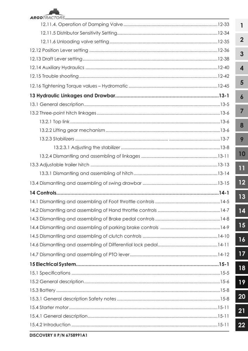 May include: A detailed table of contents from a manual for a tractor, featuring numbered sections and sub-sections. The document includes topics like hydraulic linkages, controls, and electrical systems. The text is in black on a white background.