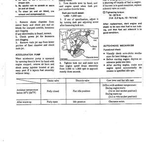 Puede incluir: Diagrama detallado de un carburador, con componentes etiquetados e instrucciones de mantenimiento y ajuste. Incluye especificaciones de velocidad de ralent&iacute; y par de apriete, en N-m.