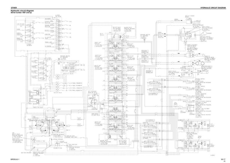 May include: A detailed hydraulic circuit diagram, featuring numerous interconnected components and lines. The diagram includes text labels and symbols, with the title "Hydraulic circuit diagram" and the serial number "1067 and up."
