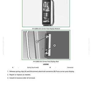 May include: Diagram showing the removal and installation of a corner post display module. The image includes close-ups of the module and rear components, labeled with letters and a legend. Text instructions are also included.
