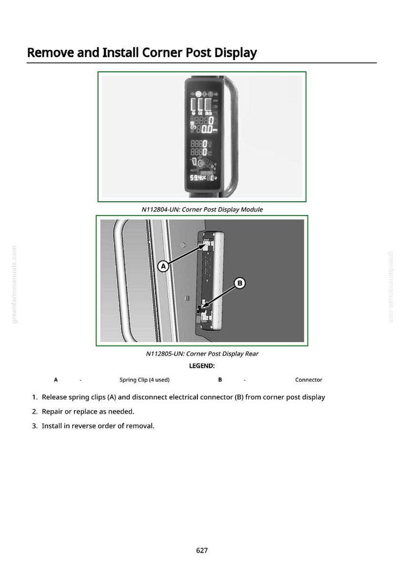 May include: Diagram showing the removal and installation of a corner post display module. The image includes close-ups of the module and rear components, labeled with letters and a legend. Text instructions are also included.