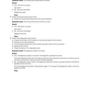 May include: A page from a manual detailing electrical system troubleshooting steps. The text includes instructions for checking valves, clutches, and diagnostic codes, with expected results and troubleshooting tips. The page has a logo in the top right corner.