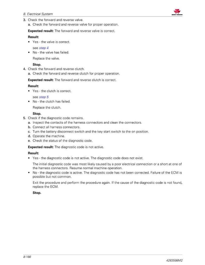 May include: A page from a manual detailing electrical system troubleshooting steps. The text includes instructions for checking valves, clutches, and diagnostic codes, with expected results and troubleshooting tips. The page has a logo in the top right corner.