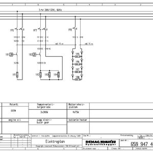 Puede incluir: Un diagrama t&eacute;cnico con s&iacute;mbolos el&eacute;ctricos y esquemas de cableado. El diagrama incluye etiquetas de texto como "aceite de motor" y "calentador de bater&iacute;a". El documento est&aacute; etiquetado como "Elektroplan" e incluye el logotipo de Demag Komatsu Hydraulikbagger.