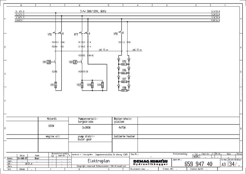 Puede incluir: Un diagrama t&eacute;cnico con s&iacute;mbolos el&eacute;ctricos y esquemas de cableado. El diagrama incluye etiquetas de texto como "aceite de motor" y "calentador de bater&iacute;a". El documento est&aacute; etiquetado como "Elektroplan" e incluye el logotipo de Demag Komatsu Hydraulikbagger.