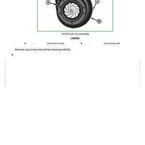 May include: Diagram of a black fan assembly, labeled A57072-UN, with a green border. The diagram includes labels for cap screws and fan housing half. Text indicates the removal of cap screws and fan housing half.