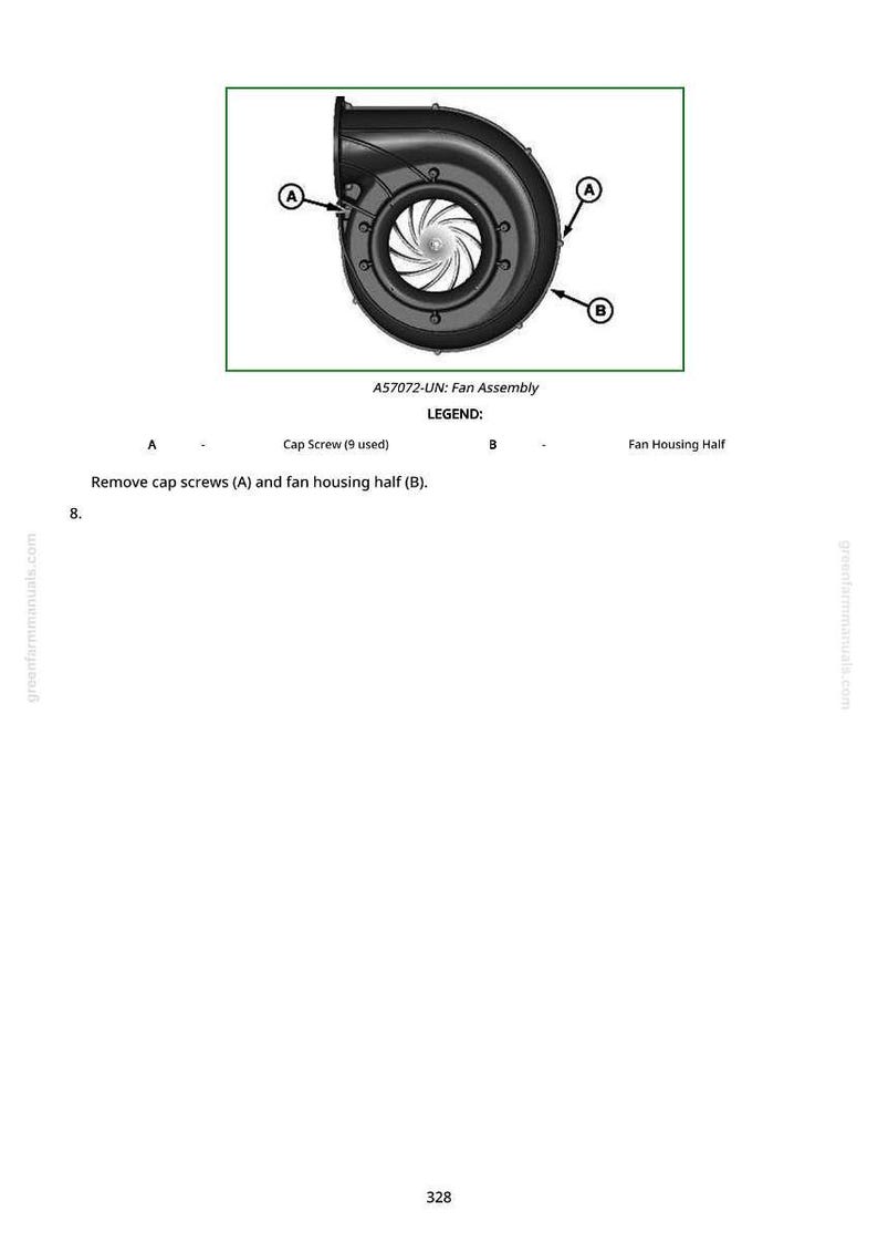 May include: Diagram of a black fan assembly, labeled A57072-UN, with a green border. The diagram includes labels for cap screws and fan housing half. Text indicates the removal of cap screws and fan housing half.