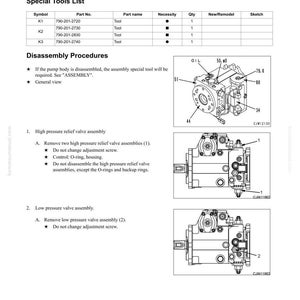 May include: A technical manual page detailing HST pump overhaul procedures. The page includes a special tools list, disassembly procedures, and diagrams of high and low-pressure valve assemblies. Text includes part numbers and assembly instructions.