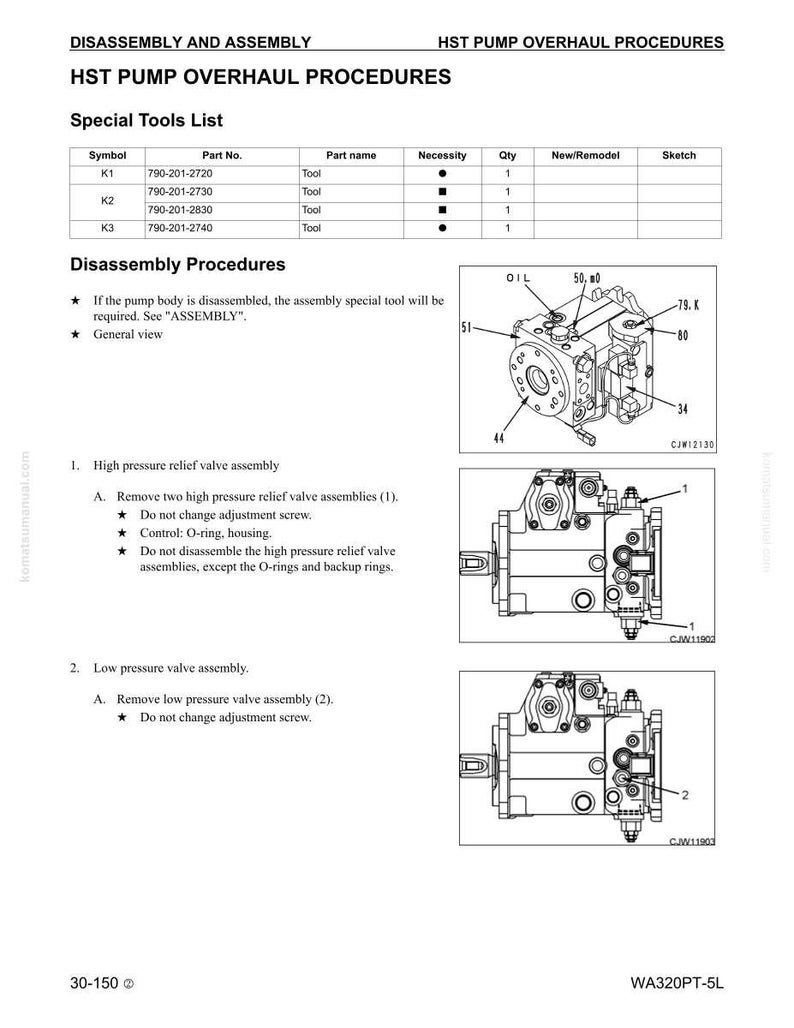 May include: A technical manual page detailing HST pump overhaul procedures. The page includes a special tools list, disassembly procedures, and diagrams of high and low-pressure valve assemblies. Text includes part numbers and assembly instructions.