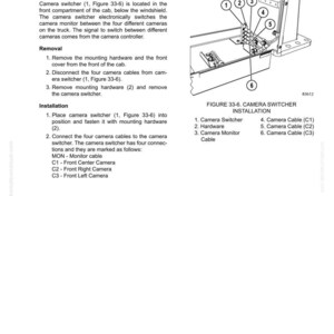 Puede incluir: Diagrama de instalaci&oacute;n de un conmutador de c&aacute;mara con etiquetas. El diagrama muestra el conmutador de c&aacute;mara, el hardware y el cable del monitor de la c&aacute;mara. Las etiquetas incluyen los cables de la c&aacute;mara C1, C2 y C3. El texto tambi&eacute;n incluye instrucciones de extracci&oacute;n e instalaci&oacute;n.