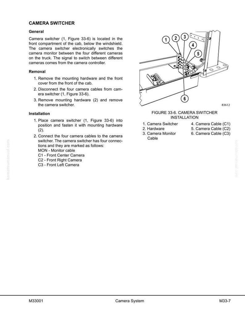 Puede incluir: Diagrama de instalaci&oacute;n de un conmutador de c&aacute;mara con etiquetas. El diagrama muestra el conmutador de c&aacute;mara, el hardware y el cable del monitor de la c&aacute;mara. Las etiquetas incluyen los cables de la c&aacute;mara C1, C2 y C3. El texto tambi&eacute;n incluye instrucciones de extracci&oacute;n e instalaci&oacute;n.