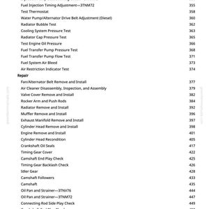 May include: A page from a repair manual with a list of engine-related tests and procedures. The text includes items like "Fuel Injection Nozzle Test," "Crankshaft Oil Seals," and "Cylinder Head Recondition."