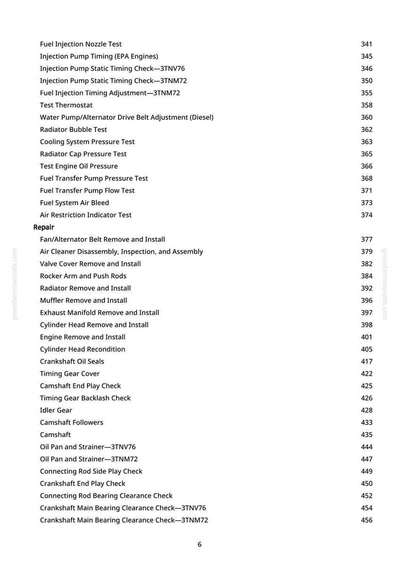 May include: A page from a repair manual with a list of engine-related tests and procedures. The text includes items like "Fuel Injection Nozzle Test," "Crankshaft Oil Seals," and "Cylinder Head Recondition."