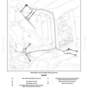 May include: Diagram of a rear wiper wiring harness, labelled W22, showing the layout of connectors, grounds, and switches. The diagram includes a legend with component names and reference letters.