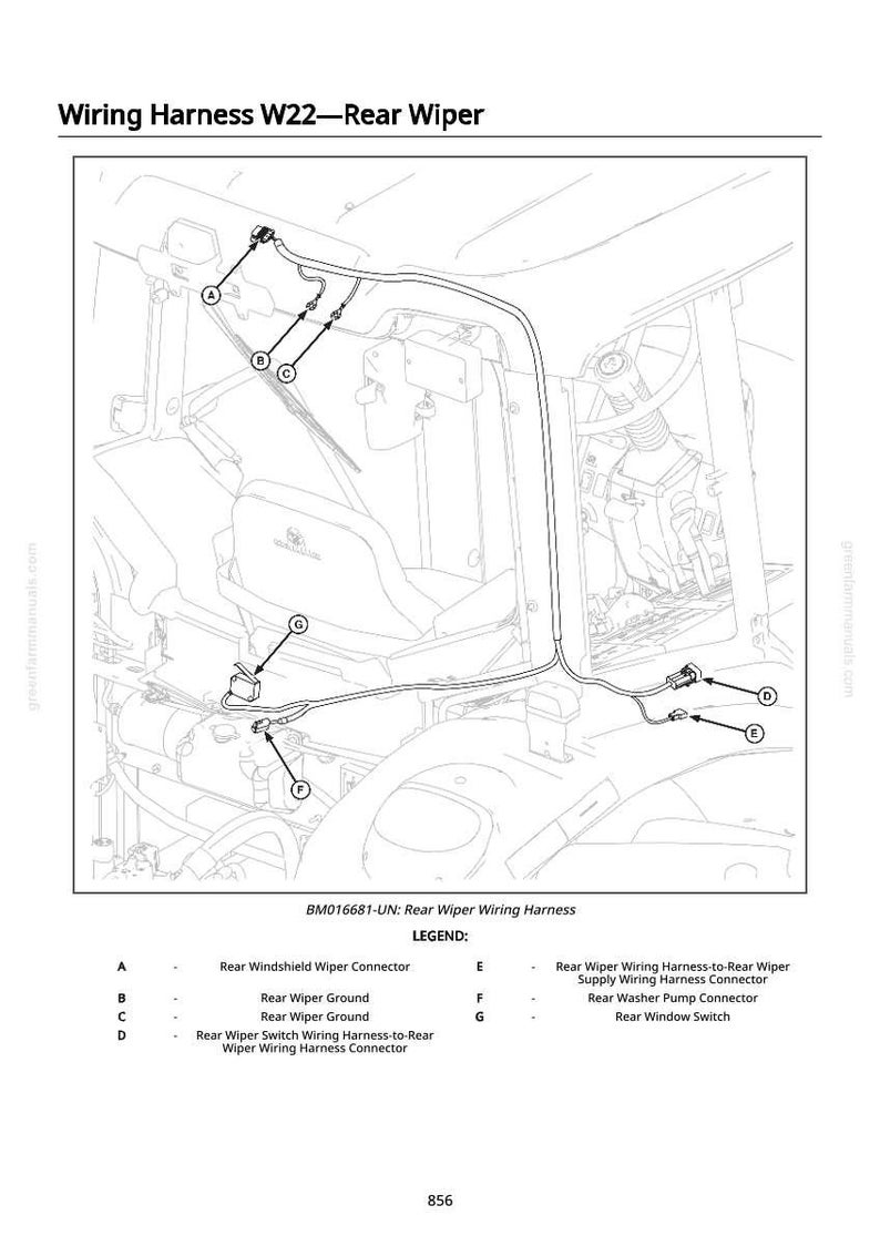 May include: Diagram of a rear wiper wiring harness, labelled W22, showing the layout of connectors, grounds, and switches. The diagram includes a legend with component names and reference letters.