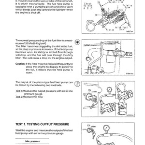 Puede incluir: Diagrama t&eacute;cnico de una bomba de alimentaci&oacute;n de combustible con instrucciones de prueba de presi&oacute;n. Incluye ilustraciones de componentes, man&oacute;metros y texto que explica el proceso. La presi&oacute;n m&iacute;nima es de 172 kPa (1,8 kg/cm&sup2;).