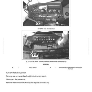 May include: Diagram of a vehicle dashboard with two horn switch locations, labeled A and B. The image includes text: "S027 Horn Switch" and instructions for replacing the horn switch.