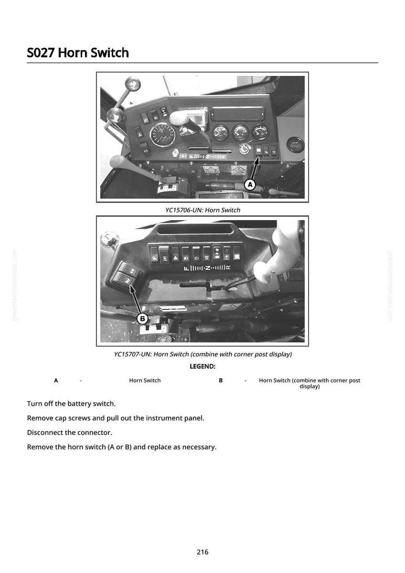 May include: Diagram of a vehicle dashboard with two horn switch locations, labeled A and B. The image includes text: "S027 Horn Switch" and instructions for replacing the horn switch.