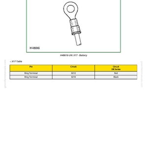 May include: An illustration of a ring terminal, a type of electrical connector, with a circular end and a cylindrical body. The image includes the text "X17 - Battery" and "H48616". A table below lists pin, circuit, and circuit DB series information.