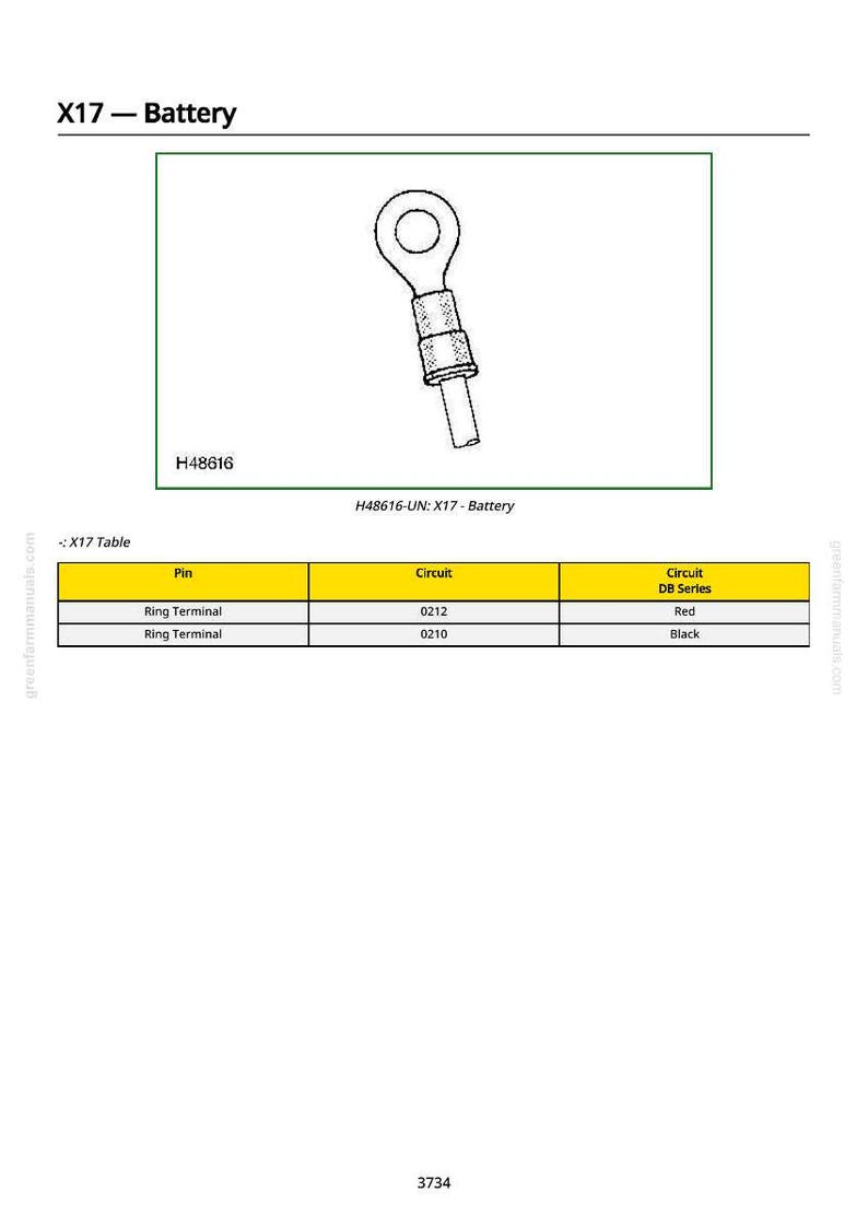 May include: An illustration of a ring terminal, a type of electrical connector, with a circular end and a cylindrical body. The image includes the text "X17 - Battery" and "H48616". A table below lists pin, circuit, and circuit DB series information.