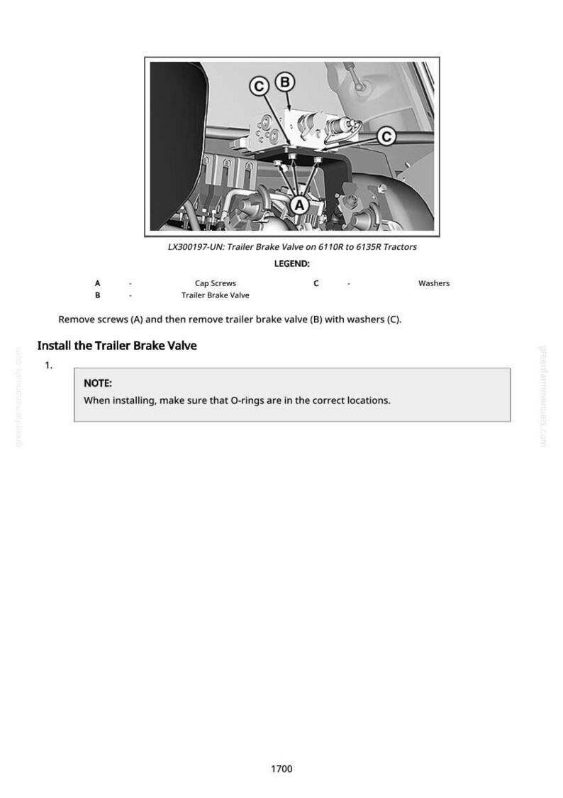 May include: Diagram of a trailer brake valve assembly for 6110R to 6135R tractors. The image includes labeled components: cap screws, trailer brake valve, and washers. Instructions advise removing screws and the valve with washers.
