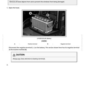 Pode incluir: Diagrama de uma bateria de ve&iacute;culo com os terminais A e B. O texto diz "Tilt Operator's Cab Upward" e inclui um aviso sobre os terminais da bateria. A imagem faz parte de um manual.