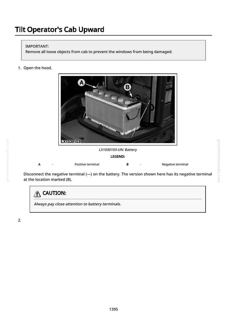 Pode incluir: Diagrama de uma bateria de ve&iacute;culo com os terminais A e B. O texto diz "Tilt Operator's Cab Upward" e inclui um aviso sobre os terminais da bateria. A imagem faz parte de um manual.