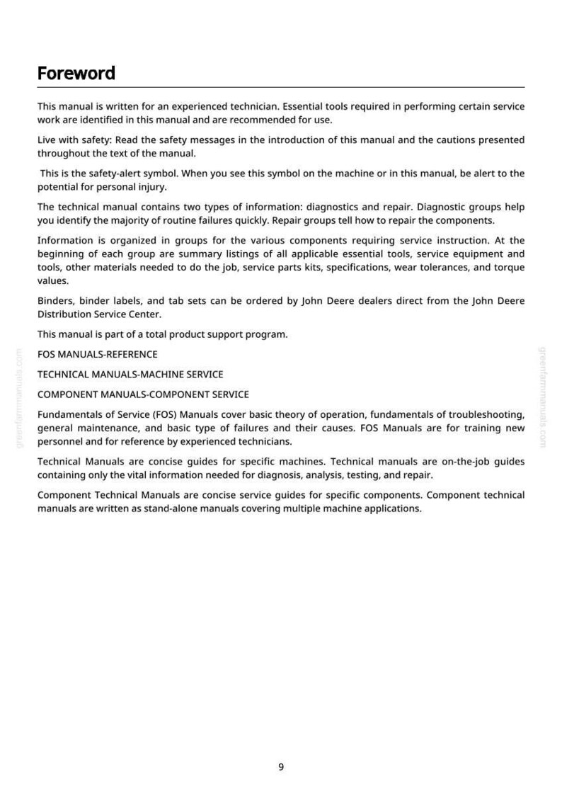 May include: A page from a technical manual with the title "Foreword". The text describes the manual's purpose, safety instructions, and types of information, including diagnostics, repair, and service instructions. The manual is for experienced technicians.