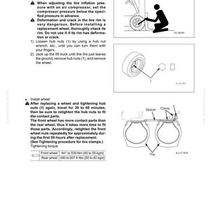 May include: Diagram of wheel removal and installation, including loosening hub nuts, removing the wheel, and tightening hub nuts. Includes diagrams of a wheel, tire, and related components. Text includes torque specifications.
