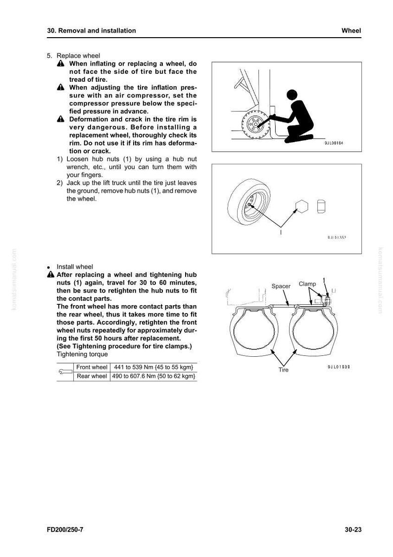 May include: Diagram of wheel removal and installation, including loosening hub nuts, removing the wheel, and tightening hub nuts. Includes diagrams of a wheel, tire, and related components. Text includes torque specifications.