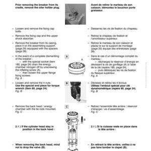 K&ouml;nnte beinhalten: Eine Seite aus einem Komatsu-Handbuch mit Anweisungen zum Zerlegen eines Brechers, mit Diagrammen und Text in Englisch und Franz&ouml;sisch. Anweisungen umfassen das Entfernen von Schrauben, Kappen und dem Hinterkopf.