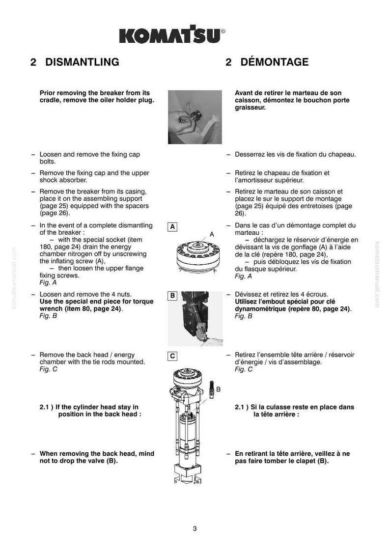 K&ouml;nnte beinhalten: Eine Seite aus einem Komatsu-Handbuch mit Anweisungen zum Zerlegen eines Brechers, mit Diagrammen und Text in Englisch und Franz&ouml;sisch. Anweisungen umfassen das Entfernen von Schrauben, Kappen und dem Hinterkopf.