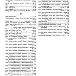 May include: An index page from a manual, featuring a detailed table of contents. The document covers topics like valve control, work equipment, and travel automatic lock systems. The page is printed on white paper.