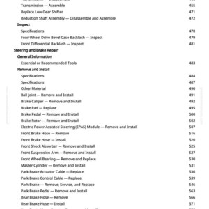 K&ouml;nnte beinhalten: Eine Seite aus einem Reparaturhandbuch mit detailliertem Inhaltsverzeichnis. Der Text ist schwarz auf wei&szlig;em Hintergrund und listet verschiedene Kfz-Reparaturverfahren auf, einschlie&szlig;lich Bremsen und Lenkung, mit Seitenzahlen.