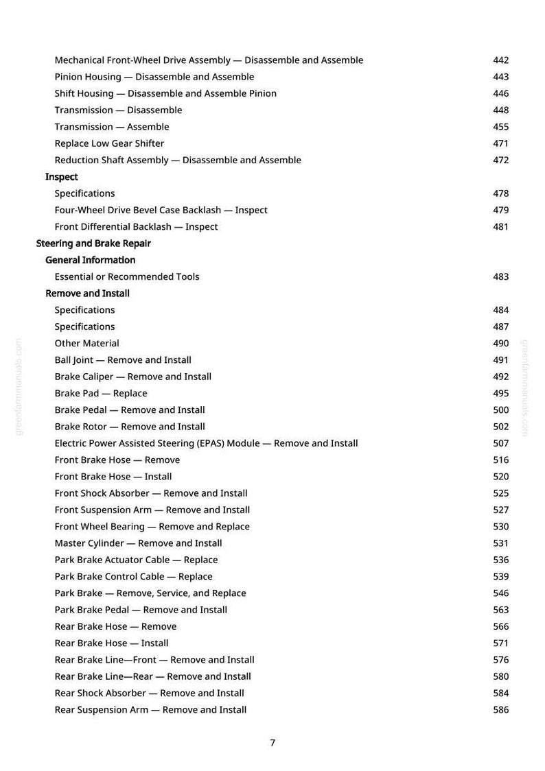 K&ouml;nnte beinhalten: Eine Seite aus einem Reparaturhandbuch mit detailliertem Inhaltsverzeichnis. Der Text ist schwarz auf wei&szlig;em Hintergrund und listet verschiedene Kfz-Reparaturverfahren auf, einschlie&szlig;lich Bremsen und Lenkung, mit Seitenzahlen.