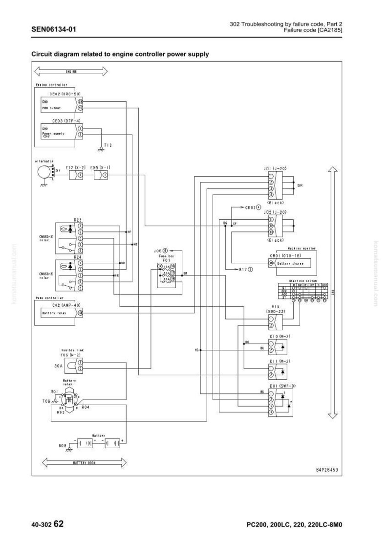 May include: A detailed circuit diagram related to the engine controller power supply, featuring various electrical components and wiring. The diagram includes text labels, symbols, and lines, with the text "SEN06134-01" at the top.