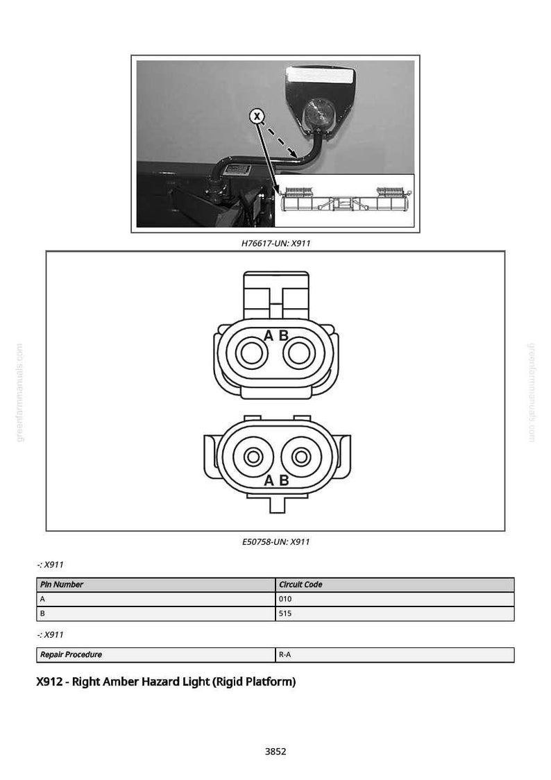 May include: Diagram of an electrical connector with two circular ports labeled A and B. The diagram includes a top-down view and a side view of the connector. Text includes "X911", "E50758-UN: X911", and "X912 - Right Amber Hazard Light (Rigid Platform)".