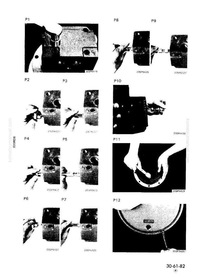 May include: Black and white technical diagram with multiple illustrations of mechanical components. Various parts are shown being assembled, with labels and part numbers visible. The diagram is from a Komatsu manual.