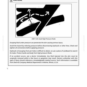 May include: A safety instruction diagram with the text "Remove/Install Reel" and "CAUTION:" is displayed. The image includes a warning about high-pressure fluids and potential injury. The text also advises on safety measures.