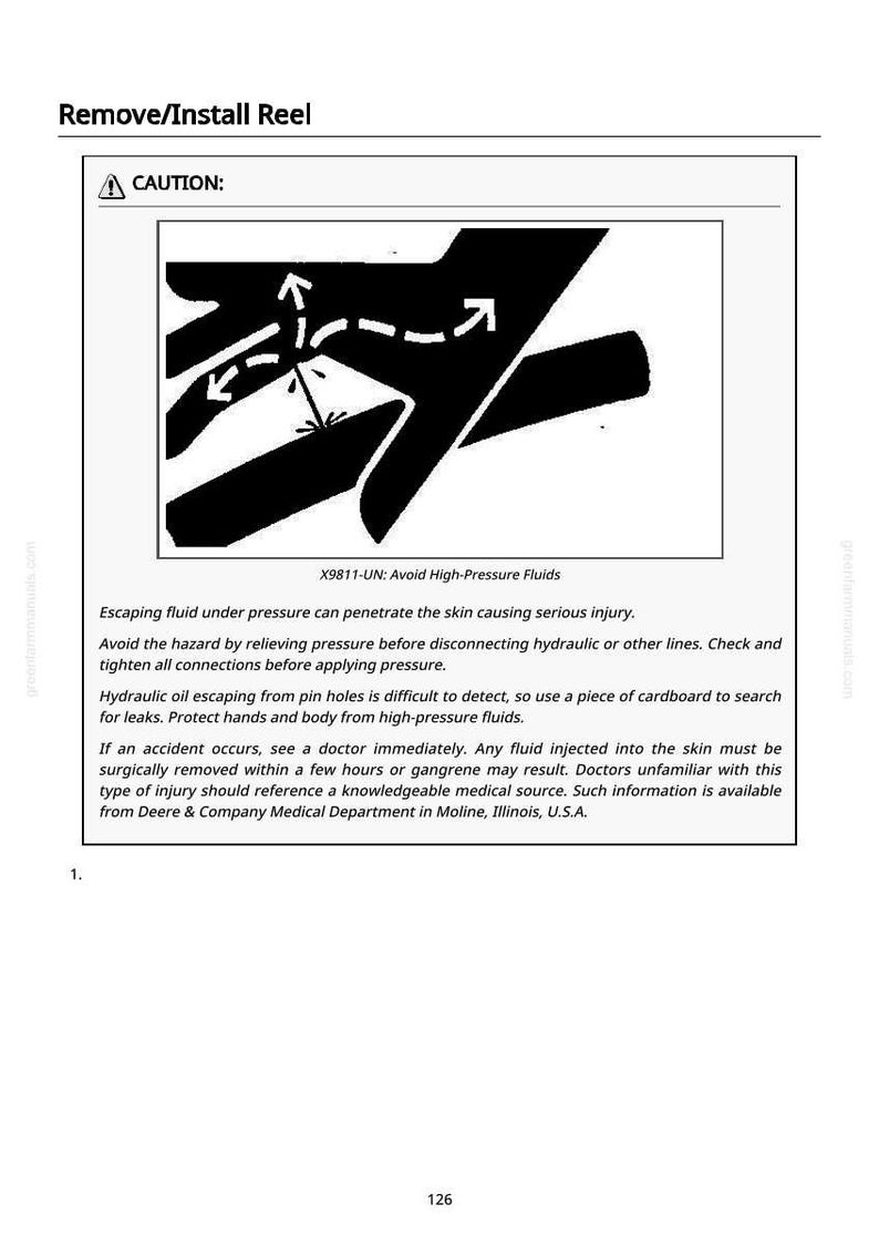 May include: A safety instruction diagram with the text "Remove/Install Reel" and "CAUTION:" is displayed. The image includes a warning about high-pressure fluids and potential injury. The text also advises on safety measures.