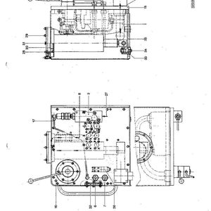 May include: Detailed technical drawing of a mechanical device, featuring multiple components and labeled parts. The diagram is rendered in black and white, showcasing intricate internal structures and external features.